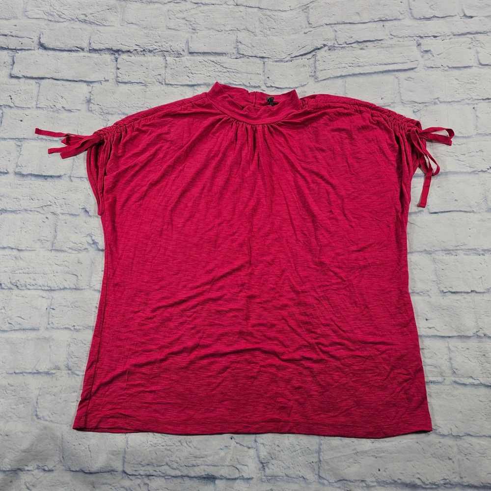 By Anthropologie Blouse Women Large Pink Mock Neck Ruched Tie Sleeve Boho Top